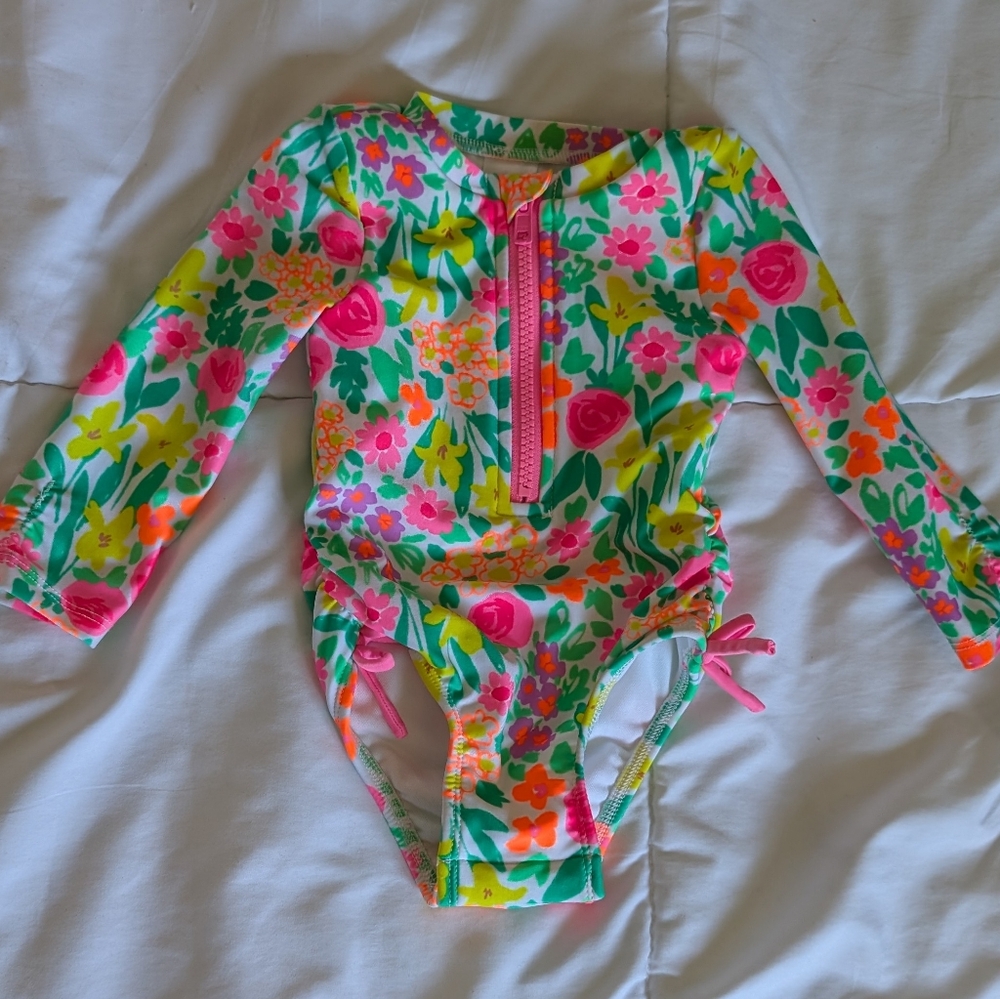Baby Girls Cat & Jack Floral Rashguard Floral Swimwear Bathingsuit Size 12 Month